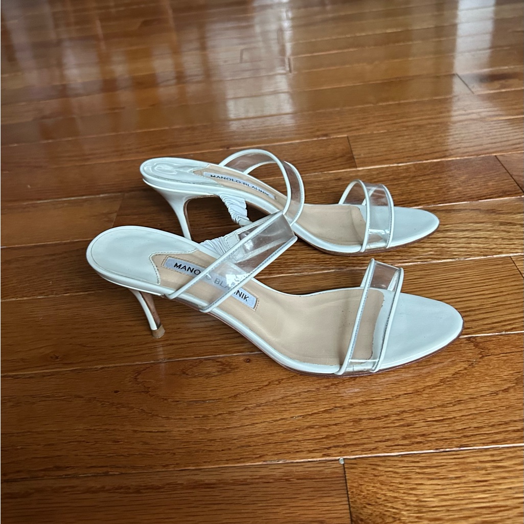 Manolo Blahnik White Invymu Leather Pvc Slip-On Heels Mule Sandals 37